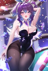 Rule 34 | 1girl, animal ears, arm behind head, armpits, black leotard, black nails, black pantyhose, blue eyes, blurry, blurry background, breasts, collar, colored tips, confetti, cottontail (vtuber), covered navel, detached collar, fake animal ears, fangs, fingernails, heterochromia, highres, indie virtual youtuber, large breasts, leotard, long fingernails, long hair, multicolored hair, necktie, open mouth, pantyhose, poker chip, puputa, purple eyes, purple hair, purple necktie, rabbit ears, short necktie, solo, strapless, strapless leotard, thighband pantyhose, two side up, virtual youtuber, white collar