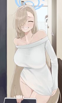 1boy 1girl 1other absurdres adjusting_clothes asuna_(blue_archive) blonde_hair blue_archive blue_halo breasts collarbone commentary doodle_sensei_(blue_archive) dress gangjeong hair_over_one_eye halo highres large_breasts long_hair long_sleeves looking_at_viewer microdress off-shoulder_dress off_shoulder sensei_(blue_archive) smile thighs very_long_hair white_dress
