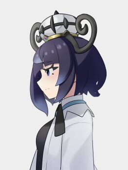 1girl black_dress black_hair blunt_bangs bob_cut breasts coat commentary_request dress from_side gradient_hair gwynn_(pokemon) hat highres long_sleeves mega_stone multicolored_hair nintendo open_clothes open_coat pokemon pokemon_legends:_z-a pucipumpkin purple_eyes purple_hair short_hair small_breasts solo upper_body white_coat