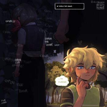 Rule 34 | 2023, alternate costume, alternate universe, antenna hair, artist name, aubrey (faraway) (omori), aubrey (omori), basil (faraway) (omori), basil (omori), black hair, black sweater vest, blonde hair, blue eyes, clenched hand, closed mouth, collared shirt, english text, hair ribbon, highres, index finger raised, left-to-right manga, long hair, low ponytail, madnopost, omori, pink ribbon, ponytail, ribbon, shirt, short hair, short sleeves, speech bubble, sweater vest, thought bubble, white shirt