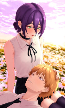 1boy 1girl absurdres black_choker black_ribbon black_shorts black_thighhighs chainsaw_man choker cloud cloudy_sky darkrua denji_(chainsaw_man) evening field flower flower_field green_eyes grenade_pin hair_between_eyes hair_bun hand_on_another's_head hetero highres lap_pillow medium_hair neck_ribbon purple_hair purple_sky reze_(chainsaw_man) ribbon shirt shirt_tucked_in short_hair shorts sky sleeveless sleeveless_shirt sunset thighhighs white_shirt yellow_eyes