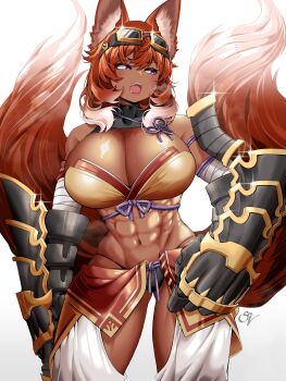 1girl abs absurdres animal_ears bandeau black_panties breasts breath cleavage commentary commission cowboy_shot dark-skinned_female dark_skin double-parted_bangs facing_viewer fox_ears fox_girl fox_tail gauntlets goggles goggles_on_head hair_between_eyes hashtag-only_commentary highres huge_breasts looking_to_the_side medium_hair muscular muscular_female navel open_mouth orange_hair original panties purple_eyes revealing_clothes saltnvalk simple_background solo stomach sweat symbol-only_commentary tail underwear vgen_commission white_background yellow_bandeau