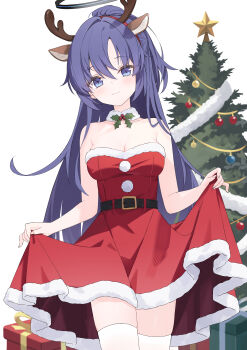 1girl absurdres alternate_costume animal_ears bare_shoulders black_halo blue_archive blue_eyes blue_hair box breasts choker christmas christmas_tree cleavage closed_mouth clothes_lift collarbone commentary_request dress dress_lift fake_animal_ears fake_antlers gift gift_box halo hat highres lifting_own_clothes lisu long_hair looking_at_viewer medium_breasts red_dress santa_costume santa_dress santa_hat simple_background sleeveless sleeveless_dress smile standing thighhighs thighs white_background white_thighhighs yuuka_(blue_archive) zettai_ryouiki