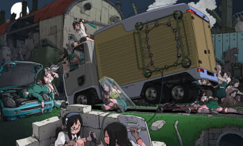 2boys 6+girls ballistic_shield baseball_bat baton battle black_eyes black_hair blue_hair box_truck breasts cleavage closed_eyes elbow_pads fighting full_moon glasses gloves grin gun headphones knee_pads kneehighs moon motor_vehicle multiple_boys multiple_girls original ponytail rescue riot_shield school_uniform shield silver_hair sitting skirt smile socks squatting submachine_gun sukabu sweat thumbs_up truck wariza weapon