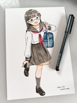 Rule 34 | 1girl, absurdres, adjusting clothes, adjusting shoe, art tools in frame, artist name, bag, black shoes, blunt bangs, blush, brown hair, brown sailor collar, brown skirt, brown socks, commentary request, dated, dot nose, double-parted bangs, dutch angle, full body, glasses, highres, kneehighs, loafers, long sleeves, looking at viewer, marker (medium), nagomurasan, neckerchief, open mouth, original, photo (medium), pleated skirt, red neckerchief, sailor collar, school bag, school uniform, serafuku, shirt, shoes, signature, simple background, skirt, smile, socks, solo, standing, standing on one leg, traditional media, white background, white shirt