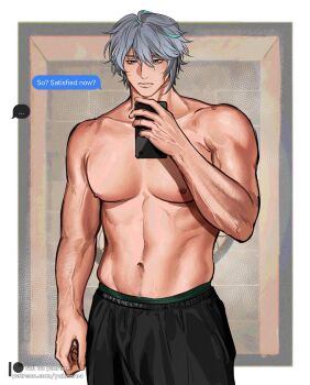 Rule 34 | 1boy, alhaitham (genshin impact), aqua hair, arm hair, armpit crease, black pants, cellphone, closed mouth, collarbone, colored inner hair, commentary, contemporary, cowboy shot, english commentary, english text, genshin impact, green male underwear, grey hair, highres, holding, holding phone, large pectorals, male focus, male underwear, male underwear peek, mirror selfie, multicolored hair, muscular, muscular male, navel, nipples, pants, patreon logo, patreon username, pectorals, phone, pubic hair, pubic hair peek, selfie, smartphone, text messaging, topless male, two-tone hair, underwear, veins, veiny arms, yukaero4