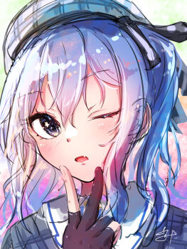 Rule 34 | 1girl, absurdres, beret, black gloves, blue eyes, blue hair, blush, commentary request, fang, gloves, grey hat, grey shirt, hat, highres, hololive, hoshimachi suisei, hoshimachi suisei (1st costume), looking at viewer, one eye closed, partially fingerless gloves, shirt, skin fang, solo, star (symbol), star in eye, symbol in eye, u da desu, v, v over mouth, virtual youtuber