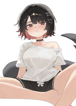 1girl :< alternate_costume arch_05x barefoot black_choker black_hair black_shorts blush breasts choker closed_mouth collarbone colored_inner_hair commentary earrings ellen_joe english_commentary fins fish_tail highres jewelry knee_up large_breasts looking_at_viewer mole mole_under_eye multicolored_hair razor_blade_hair_ornament red_eyes red_nails shark_girl shark_tail shirt short_hair shorts simple_background single_bare_shoulder sitting solo t-shirt tail white_background white_shirt zenless_zone_zero