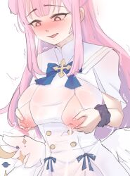 Rule 34 | 1girl, absurdres, blue archive, blue bow, blue bowtie, blush, bow, bowtie, breasts, buttons, capelet, cchiii, double-breasted, dress, highres, lactation, large breasts, long hair, low wings, mika (blue archive), nipples, open mouth, pink hair, scrunchie, sidelocks, simple background, smile, solo, trembling, white background, white capelet, white dress, white wings, wings, wrist scrunchie