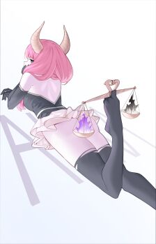 1girl ass aura_(sousou_no_frieren) back bare_back bare_shoulders black_gloves black_thighhighs character_name commentary demon_girl demon_horns elbow_gloves feet foot_out_of_frame gloves highres horns legs long_hair lying microskirt no_shoes nonh_(wormoftank) on_stomach pink_hair scales simple_background skirt solo sousou_no_frieren thighhighs thighs torn_clothes torn_gloves torn_thighhighs white_background white_skirt