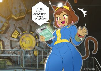 1girl absurdres animal_ears blue_jumpsuit blush breasts brown_hair cat_ears cat_girl cat_tail colored_inner_hair commentary cosplay cowboy_shot dark-skinned_female dark_skin english_commentary english_text fallout fang fang_out furry furry_female gameoverse goggles goggles_on_head hair_between_eyes highres holding holding_tablet_pc jumpsuit junii-owl kit_bodega long_sleeves multicolored_hair open_mouth pants pink_hair red_eyes short_hair solo speech_bubble standing surprised tablet_pc tail tan thick_thighs thighs vault_suit whiskers wide_hips wrist_computer