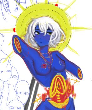 1girl amputee arm_up bleeding blood blue_skin bodypaint bone breasts closed_mouth colored_nipples colored_skin concentric_circles cross cross_necklace double_amputee exposed_bone exposed_muscle floating_blood gattsuchan guro hip_bones jaggy_lines jewelry light_blush looking_to_the_side medium_breasts multiple_others necklace nude outline painterly peripeteia purple_nipples red_outline short_hair sketch sparkle spine sun sun_behind_head turning_head upper_body white_background white_hair yellow_eyes