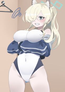 1girl absurdres animal_ear_fluff animal_ears bare_shoulders blonde_hair blue_archive blue_eyes blue_halo blue_jacket breasts clenched_teeth clothes_hanger competition_swimsuit covered_navel crossed_arms dog_ears dog_girl extra_ears gluteal_fold hair_over_one_eye halo highleg highleg_one-piece_swimsuit highres jacket kanna_(blue_archive) kanna_(swimsuit)_(blue_archive) large_breasts long_hair looking_at_viewer megumiyasisotyo notched_ear official_alternate_costume one-piece_swimsuit ponytail solo swimsuit teeth white_one-piece_swimsuit