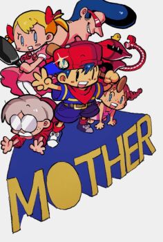 Rule 34 | 3boys, 3girls, :d, ana (mother), baby animal, belt, belt buckle, bird, black hair, blonde hair, blue eyes, blue shirt, blue shoes, blush stickers, bow, brown belt, brown hair, buckle, chick, commentary request, copyright name, dress, eve (mother), franklin badge, freckles, frying pan, glasses, grin, hair bow, hat, highres, holding, holding frying pan, lloyd (mother), mechanical arms, mother (series), mother 1, multiple boys, multiple girls, ninten, nintendo, open mouth, pink dress, pippi (mother), pompadour, red hat, red ribbon, red scarf, red socks, red sweater, ribbon, robot, round eyewear, scarf, shirt, shoes, sideways hat, smile, socks, striped clothes, striped shirt, sunglasses, sweater, teddy (mother), twintails, user zpnu2438, white background, white hair, white socks