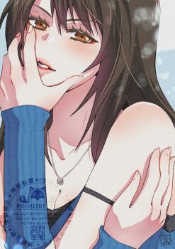 1girl arm_ribbon bare_shoulders black_hair black_ribbon black_shirt blue_arm_warmers blue_cardigan breasts brown_eyes brown_hair cardigan cleavage crossed_arms final_fantasy final_fantasy_viii hair_between_eyes hand_on_own_cheek hand_on_own_face highres jewelry light_blush long_hair looking_at_viewer medium_breasts multicolored_hair necklace parted_lips ribbon ring ring_necklace rinoa_heartilly shikiwo shirt sign sleeveless sleeveless_shirt solo streaked_hair upper_body