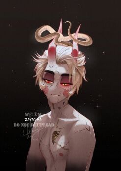 Rule 34 | 1boy, animal, blonde hair, brown background, collarbone, colored sclera, cracked kawaii mask, cracked skin, demon boy, demon horns, glowing, glowing eyes, gradient background, hazbin hotel, hellaverse, highres, horns, lucifer morningstar (hazbin hotel), nude, parted lips, red sclera, short hair, snake, solo, teeth, watermark, yellow eyes, yellow sclera, zayajima