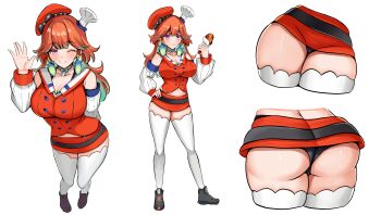 1girl ;) absurdres aqua_hair ass black_panties breasts chef_hat chicken_(food) chicken_leg cleavage food gradient_hair hat highres hololive hololive_english large_breasts long_hair microskirt multicolored_hair multiple_hats multiple_views one_eye_closed orange_hair orange_hat orange_shirt orange_skirt panpanmc4 panties purple_eyes shirt skirt smile takanashi_kiara takanashi_kiara_(1st_costume) thighhighs underwear virtual_youtuber white_sleeves white_thighhighs