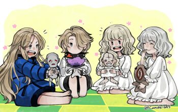 4girls artist_name blonde_hair blue_coat candel645 checkered_floor closed_eyes closed_mouth coat commentary company_connection crossover diana_(pragmata) doll dress eight_(pragmata) emily_(resident_evil) english_commentary frilled_dress frilled_sleeves frills full_body grey_hair hair_over_one_eye hand_up highres holding holding_doll jacket knees_up long_hair long_sleeves looking_at_viewer multiple_girls no_mouth open_mouth outstretched_arms padded_coat pragmata puffy_long_sleeves puffy_short_sleeves puffy_sleeves resident_evil resident_evil_requiem short_hair short_sleeves sitting smile teeth the_girl_(resident_evil) upper_teeth_only white_dress white_jacket yokozuwari