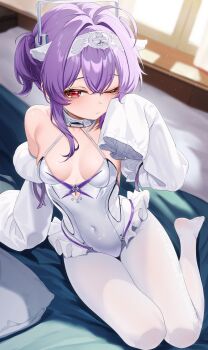 1girl 4ddd absurdres bare_shoulders blush breasts commentary_request covered_navel detached_sleeves goddess_of_victory:_nikke hairband highres leotard liberalio_(nikke) looking_at_viewer medium_hair one_eye_closed pantyhose purple_hair red_eyes sleeves_past_fingers sleeves_past_wrists small_breasts solo white_leotard white_pantyhose