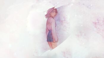 1girl angela_he bob_cut brown_eyes cowboy_shot denim denim_shorts highres long_sleeves looking_at_viewer looking_back missed_messages neck_ribbon non-web_source official_art pink_hair pink_sweater ribbon short_hair shorts snow snowing solo sweater