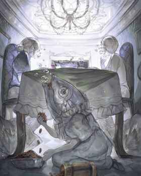 1other 2girls air_bubble blonde_hair bowl bubble chair chandelier crying crying_with_eyes_open cup drinking_glass fins fish_food fish_head full_body hair_bun head_fins head_rest highres kneeling mei_mezu mermaid monster_girl multiple_girls original pet_bowl seiza sitting surreal table tablecloth tears wine_glass