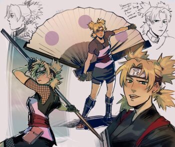 1girl blonde_hair commentary cowl english_commentary fishnet_socks fishnets hand_fan headband_around_neck killjo-q naruto_(series) ninja quad_tails skirt smile socks sunagakure_symbol temari_(naruto) umbrakinesis