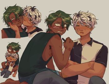 2boys 8wnqt artist_self-insert baxter_ward black_eyes black_shirt blue_shorts blush chibi chibi_inset clenched_teeth constricted_pupils drawn_heart green_hair green_tank_top hair_between_eyes highres holding holding_marker initial kneeling knees_up looking_at_viewer main_character_(our_life) male_focus marker multiple_boys multiple_views on_ground our_life our_life:_beginnings_and_always shirt short_hair shorts sitting swept_bangs tank_top teeth two-tone_shirt white_shirt yaoi