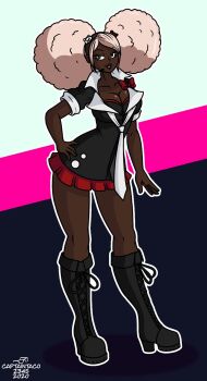 1girl afro afro_puffs artist_name bear_hair_ornament black_boots black_bra black_hairband black_headband black_headwear black_shirt blonde_hair boots bow bra breasts knee_boots cleavage collarbone danganronpa_(series) danganronpa_another_episode:_ultra_despair_girls dark-skinned_female dark_skin dated eyelashes female_focus full_body hair_ornament hairband hand_on_own_hip headband headset high_heel_boots high_heels highres large_breasts microphone miniskirt necktie pleated_skirt red_bow red_skirt red_trim second_generation_enoshima_junko shiny_skin shirt short_sleeves signature simple_background skirt solo standing tacodraws teeth twintails underwear white_necktie