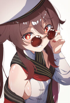 1girl adjusting_eyewear breasts brown_hair commentary_request flower-shaped_pupils genshin_impact grin hat highres hu_tao_(autumn_pop-up_store)_(genshin_impact) hu_tao_(genshin_impact) long_hair looking_at_viewer red-tinted_eyewear red_eyes red_nails round_eyewear shirt sideboob small_breasts smile solo sunglasses symbol-shaped_pupils takenoko_pengin tinted_eyewear white_hat white_shirt