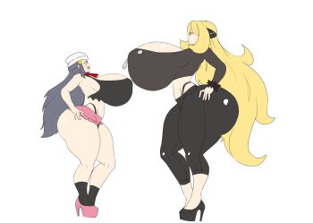 2girls absurdres ass blonde_hair blue_hair blush breasts covered_erect_nipples curvy cynthia_(pokemon) dawn_(pokemon) female_focus flat_color full_body gigantic_breasts hand_on_own_hip hat height_difference high_heels highres huge_ass long_hair looking_at_another marco_cordoba multiple_girls nintendo pokemon pokemon_dppt size_difference tall_female thick_thighs thighs thong very_long_hair