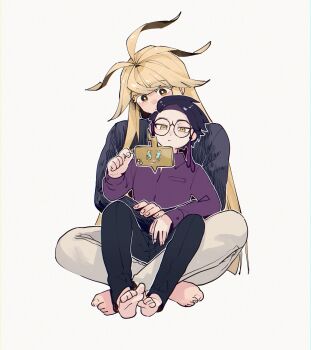 2boys absurdres arm_up black-framed_eyewear black_pants black_shirt blonde_hair closed_mouth colored_eyelashes commentary_request corbeau_(pokemon) dot_nose frown gen_4_pokemon highres indian_style ivor_(pokemon) long_hair long_sleeves looking_at_phone male_focus multiple_boys nintendo pants parted_hair phone pokemon pokemon_legends:_z-a purple_hair purple_shirt q_9_q_1742 rotom rotom_phone round_eyewear shirt simple_background sitting sitting_on_lap sitting_on_person very_long_hair white_background white_pants yellow_eyes