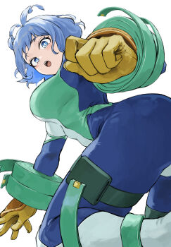 1girl absurdres blue_bodysuit blue_eyes blue_hair blush bodysuit boku_no_hero_academia breasts drill_hair fengling_(furin-jp) gloves green_bodysuit hado_nejire hair_horns highres large_breasts looking_at_viewer multicolored_bodysuit open_mouth short_hair simple_background skin_tight solo superhero_costume twin_drills white_background yellow_gloves