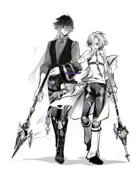 2boys boots crossed_bangs flins_(genshin_impact) fur_trim genshin_impact greyscale height_difference highres holding holding_polearm holding_weapon illuga_(genshin_impact) itsjustawater jacket looking_at_another male_focus monochrome multiple_boys polearm sleeveless sleeves_rolled_up walking weapon white_background