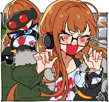 1girl :d ahoge animal animal_hug black-framed_eyewear black_cat black_mask blunt_bangs blurry blurry_background blush border bra_strap cat claw_pose closed_eyes commentary_request eye_mask facing_another fur-trimmed_jacket fur_trim glasses green_jacket hands_up headphones highres hug jacket long_hair maitakepasuta mask morgana_(cat)_(persona_5) morgana_(persona_5) multiple_views off-shoulder_shirt off_shoulder open_mouth oracle_(persona_5) orange_hair outside_border persona persona_5 rectangular_eyewear sakura_futaba shirt smile white_border white_shirt