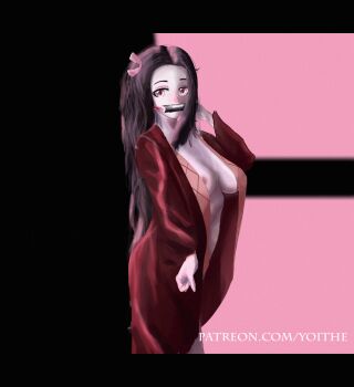 1girl animated animated_gif bamboo belly big_hair black_hair bow breasts breasts_apart breasts_out female_focus kamado_nezuko kimetsu_no_yaiba large_breasts legs legs_together nail_polish naked_robe nipple_slip nipples no_bra pink_background pink_bow pink_nails purple_eyes robe self-upload solo standing watermark web_address yoithe