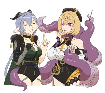 2girls animal_ears asymmetrical_shorts bare_shoulders beret black_hat black_horns black_shorts black_unitard blonde_hair blue_hair blush braid breasts button_gap choker cleavage collarbone cowboy_shot cowlick crossed_bangs detached_sleeves drink drinking_straw finger_to_mouth garter_straps goat_ears goat_girl goat_horns hair_between_eyes hand_up hat high-waist_shorts highres holding holding_drink horns index_finger_raised key key_choker large_breasts long_hair looking_at_another lucia_elowen medallion medium_breasts mole mole_on_arm mole_under_mouth monster_girl multiple_girls parted_lips pointy_ears popochi_fuwa purple_eyes purple_nails scylla shirt short_hair shorts simple_background single_garter_strap single_sleeve suction_cups sweatdrop tentacle_girl tentacle_tail tentacles twin_braids twitter_username white_background white_shirt white_sleeves yidhari_murphy zenless_zone_zero