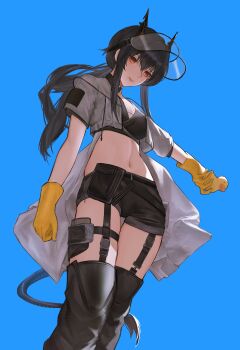 1girl alternate_hair_color arknights black_boots black_hair black_shorts blue_background boots breasts ch&#039;en_(arknights) ch&#039;en_the_holungday_(arknights) ch&#039;en_the_holungday_(holiday)_(arknights) closed_mouth commentary cropped_jacket dragon_girl dragon_horns dragon_tail gloves highres holding holding_water_gun horns long_hair looking_at_viewer looking_down medium_breasts navel official_alternate_costume open_clothes red_eyes rubber_duck rubber_gloves shorts sidelocks simple_background solo standing stomach tail ump45m visor_cap water_gun yellow_gloves