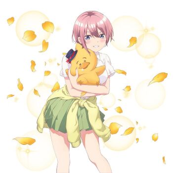 1girl blue_eyes blush breasts clothes_around_waist collared_shirt dot_nose female_focus go-toubun_no_hanayome green_skirt green_sweater holding holding_stuffed_toy large_breasts legs looking_at_viewer miniskirt nakano_ichika official_art open_mouth pink_hair pleated_skirt school_uniform shirt shirt_tucked_in short_hair short_sleeves skirt smile solo solo_focus stuffed_toy sweater sweater_around_waist teeth thighs white_shirt yellow_petals