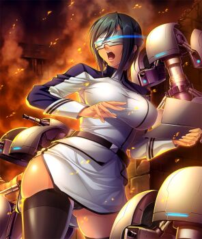 00s 1girl android backlighting black_hair black_panties black_thighhighs blush breasts cameltoe covered_eyes cowboy_shot dark-skinned_female dark_skin female_focus fire formal_clothes glowing hair_between_eyes highres kagami_hirotaka kangoku_senkan large_breasts light_trail lilith-soft machine miniskirt naomi_evans open_mouth panties pantyshot pencil_skirt short_hair side_slit skirt skirt_suit smoke solo standing suit swept_bangs taimanin_(series) taimanin_asagi taimanin_asagi_kessen_arena thighhighs thighs underwear