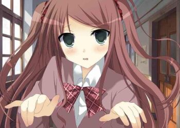 Rule 34 | 1girl, 2000s (style), akabane youko, akabane youko (1st costume), alternate hairstyle, blush, bow, bowtie, cardigan, collared shirt, fang, faux retro artstyle, floating hair, ghost pose, green eyes, hair ornament, hair scrunchie, hallway, hashtag-only commentary, jpeg artifacts, jpeg artifacts on purpose, long hair, long sleeves, looking at viewer, nijisanji, open mouth, p8vpdb, peanut mouth, pink cardigan, plaid bow, plaid bowtie, plaid clothes, raised inner eyebrows, red bow, red bowtie, red hair, red scrunchie, school, school uniform, scrunchie, shirt, solo, two side up, upper body, virtual youtuber, wavy mouth, white shirt