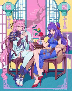 2girls china_dress chinese_clothes double_bun dress hair_bun highres long_hair multiple_girls open_mouth pink_eyes pink_hair purple_hair ranma_1/2 shampoo_(ranma_1/2) sidelocks