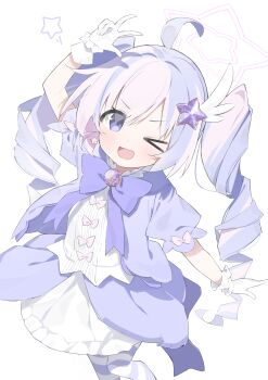 &gt;_&lt; 1girl :d absurdres ahoge blue_archive commentary dress drill_hair from_above gloves hair_ornament halo highres looking_at_viewer magical_girl multicolored_hair open_mouth pantyhose pink_hair pink_halo puffy_short_sleeves puffy_sleeves purple_eyes purple_hair purple_pantyhose reisa_(blue_archive) reisa_(magical)_(blue_archive) short_sleeves simple_background skirt smile solo star_(symbol) star_hair_ornament star_halo striped_clothes striped_pantyhose suta0822 twin_drills twintails two-tone_hair v white_background white_gloves wing_hair_ornament