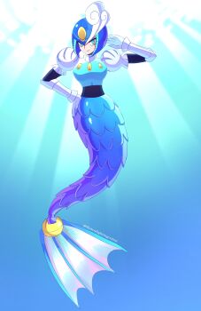 1girl absurdres armor blue_armor blue_eyes blue_helmet commentary english_commentary full_body helmet highres mega_man_(classic) mega_man_(series) mermaid monster_girl retro_fighting_robot ringed_eyes robot_girl solo splash_woman
