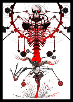 1girl 3d android aqua_eyes belt black_thighhighs bone boots bow breasts cable calne_ca_(deino) chelicerae crustacean deino_(deino3330) detached_collar detached_sleeves eyeshadow female_focus frilled_sleeves frills full_body gears glowing glowing_eye gothic_lolita hair_bow hair_ribbon hat heterochromia highres isopod joints knee_boots lace lace-up_boots leaning_forward lolita_fashion long_hair makeup mandibles mechanical_arms midriff mini_hat mini_top_hat miniskirt multicolored_hair necktie pincers puffy_sleeves ribbon robot_joints running single_mechanical_arm skeleton skirt skull solo speaker thighhighs top_hat two-tone_hair very_long_hair vocaloid