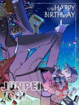 1boy baseball_bat baseball_cap birthday black_hair black_jacket black_pants black_shoes blue_flower blue_rose blue_shirt book bouquet can character_name closed_eyes collared_shirt commentary_request dated flower food foot_out_of_frame gekkoukan_high_school_uniform happy_birthday hat highres holding holding_bouquet iori_junpei jacket male_focus open_clothes open_jacket open_mouth outstretched_arm pants persona persona_3 red_flower red_rose rose school_uniform shirt shoes short_hair solo sparkle suhrxns2pg87193 takoyaki very_short_hair wallet_chain