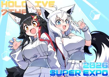 Rule 34 | 2girls, ahoge, animal ear fluff, animal ear piercing, animal ears, aqua eyes, black hair, blush, breasts, claw pose, commentary request, covered navel, fox ears, fox girl, fox shadow puppet, fox tail, hair between eyes, highres, hololive, jacket, jb jagbung, large breasts, long hair, looking at viewer, multiple girls, ookami mio, open mouth, orange eyes, pentagram, red hair, shirakami fubuki, skirt, smile, tail, virtual youtuber, white hair, white jacket, white skirt