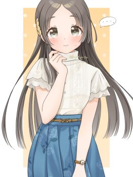 ... 1girl aqua_skirt blunt_ends blush brown_hair commentary_request floral_print gakuen_idolmaster highres idolmaster koyamizu_(jdnm3823) kuramoto_china layered_sleeves long_hair looking_at_viewer parted_bangs pleated_skirt shirt shirt_tucked_in short_sleeves skirt solo spoken_ellipsis straight_hair sweatdrop twitter_username very_long_hair watch white_shirt wristwatch