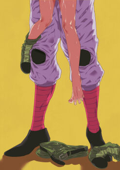 2boys absurdres age_difference anal asymmetrical_footwear barefoot commentary commentary_request hanging_legs feet gon_freecss highres hisoka_morow hunter_x_hunter implied_sex implied_yaoi jegaljeong62020 korean_commentary lower_body male_focus mismatched_footwear multiple_boys onii-shota pants shota simple_background standing suggestive_fluid sweat symbol-only_commentary toes wet yaoi