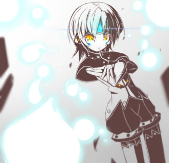 1girl blouse blurry depth_of_field elsword eve_(elsword) facial_mark female_focus forehead_jewel gloves looking_at_viewer mikagi-qo orb shine shirt simple_background solo tagme thighhighs white_shirt yellow_eyes