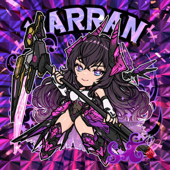 1girl armored_boots armored_leotard bikkuriman_(style) black_hair black_leotard blue_eyes boots breasts character_name chibi commentary_request detached_sleeves full_body goddess_of_victory:_nikke harran_(nikke) headgear holding holding_scythe holding_weapon horns kanchiyo leotard long_hair looking_at_viewer mechanical_horns mechanical_wings medium_breasts mole mole_under_eye purple_eyes scythe smile solo very_long_hair weapon wings